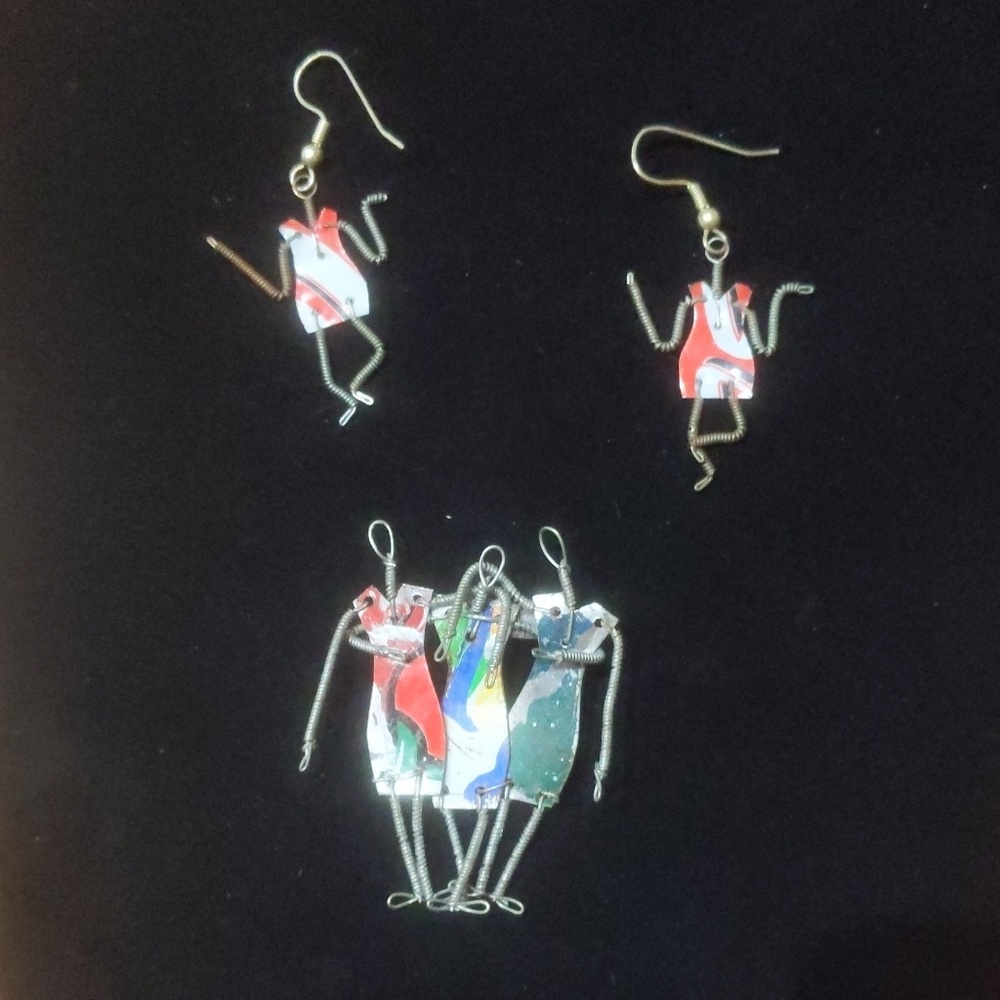 Folk Art Handmade Earrings and Brooch Set